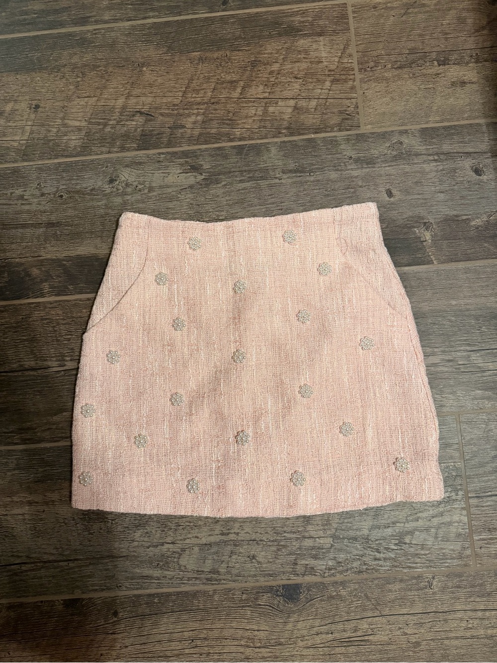 miami Blush Pink Tweed Mini Skirt with Silver Floral Accents